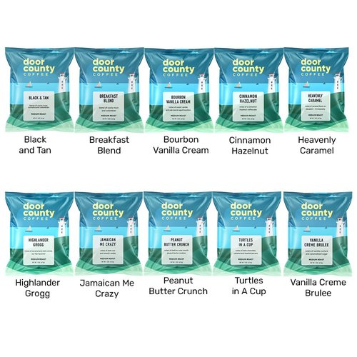 Door County Coffee Gourmet Flavored Coffee Sampler Pack | 10 Unique 1.5 oz Specialty Grade 1 Bags