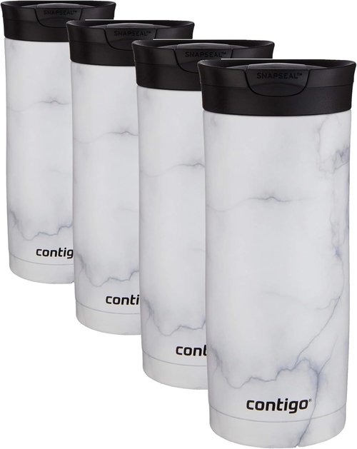 Contigo Huron 16oz Travel Mug - Vacuum-Insulated, Leak-Proof, Keeps Drinks Hot or Cold, White Marble Finish | Pack of 4