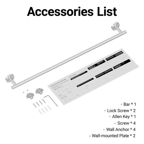 Brushed Nickel Towel Bar, 30 Inch Towel Rack for Bathroom Wall-Mounted, SUS304 Stainless Steel, Total Length 32 Inch