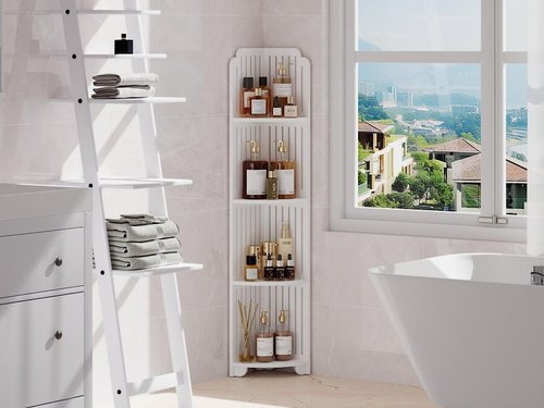 VECELO 4-Tier Bathroom Shelves for Narrow Space, Modern Corner Shelf Stand,Small Storage Organizer for Bathroom,Toilet Paper Stand,White