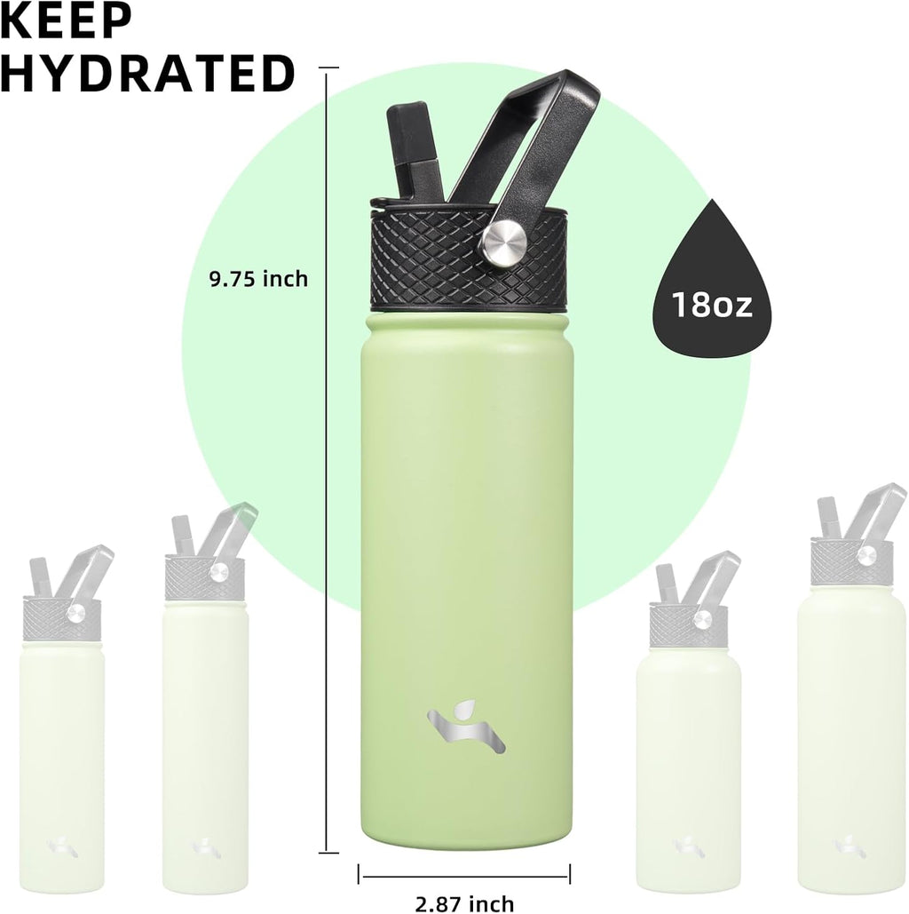 Skiennix 18 Oz Insulated Stainless Steel Water Bottle - Sport Bottle with 3 Lids | Macaron Green