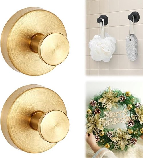 Suction Cup Hooks for Wreaths on Glass, 2025 New Model No-Drill Suction Cup Hooks, Wreath Hangers for Front Doors, Metal Towel Hooks for Showers Bathrooms Mirrors (2, Gold)