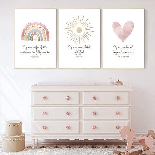 Boho Nursery Wall Art 3 Pieces Bible Verse Nursery Art Christian Girls Nursery Wall Art Heart Rainbow Sun Nursery Art Print Boho Sunshine Decor for Girl Baby Kid Room Decor 12x16 Inch Unframed