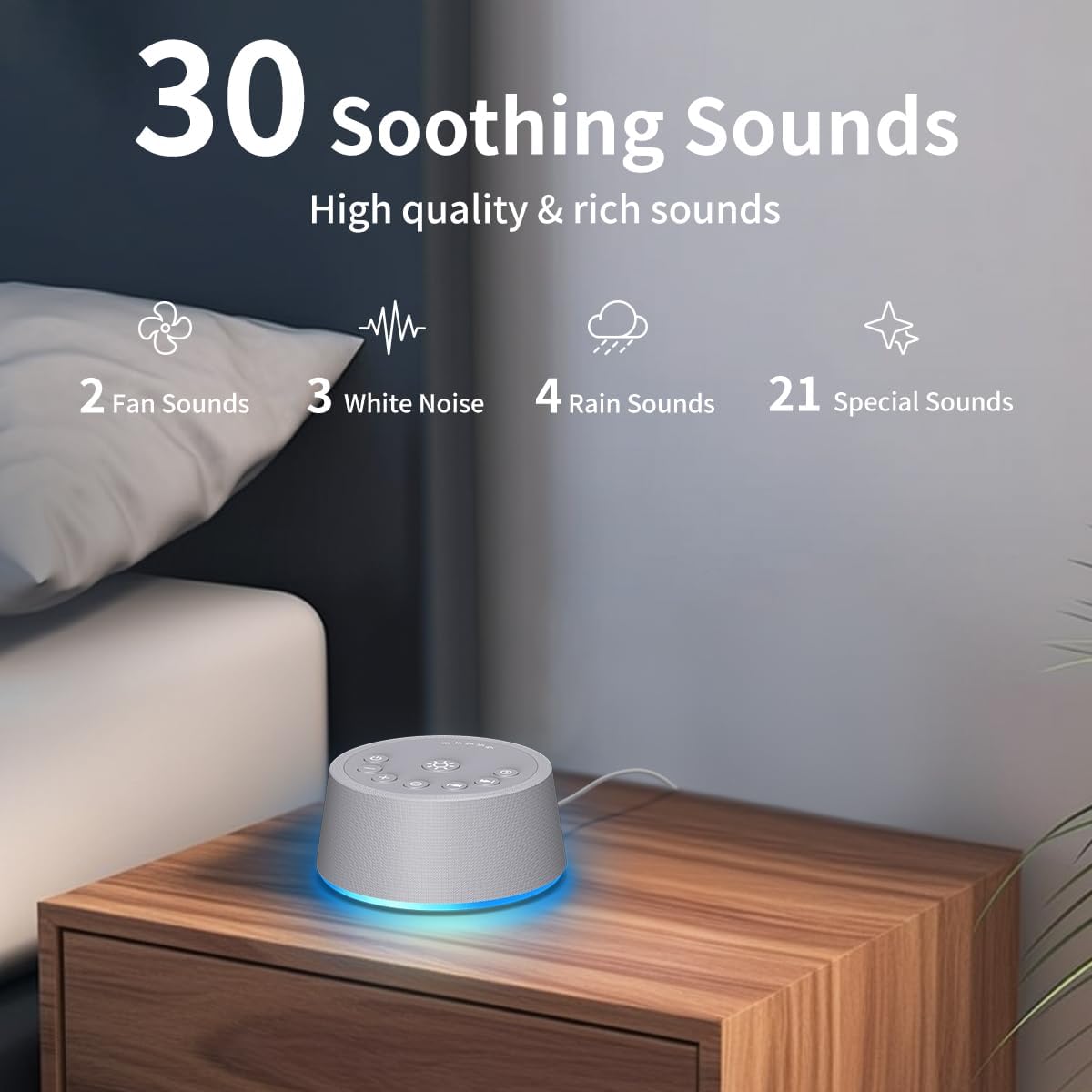 SoundLegend Sleep White Noise Machine - 30 Soothing Sounds, 32-Level Volume, 12 Color Lights, Compact Design