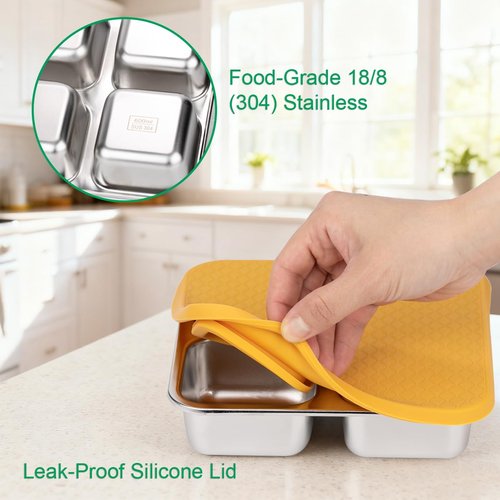 JUSTASHOW 4 Pack Stainless Steel Snack Containers with Lids, 4 Compartment Snack Container Small Lunch Box, Lunch Divided Food Storage Portion Control Meal Prep Reusable Snackle Lunchable for Work