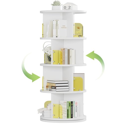 VECELO 4-Tier Rotating Bookshelf, Small Corner Bookshelf for Small Space, 360 Display Floor Standing Bookcase Storage Rack, Wood Narrow Book Shelf Organizer for Bedroom, Living Room, White