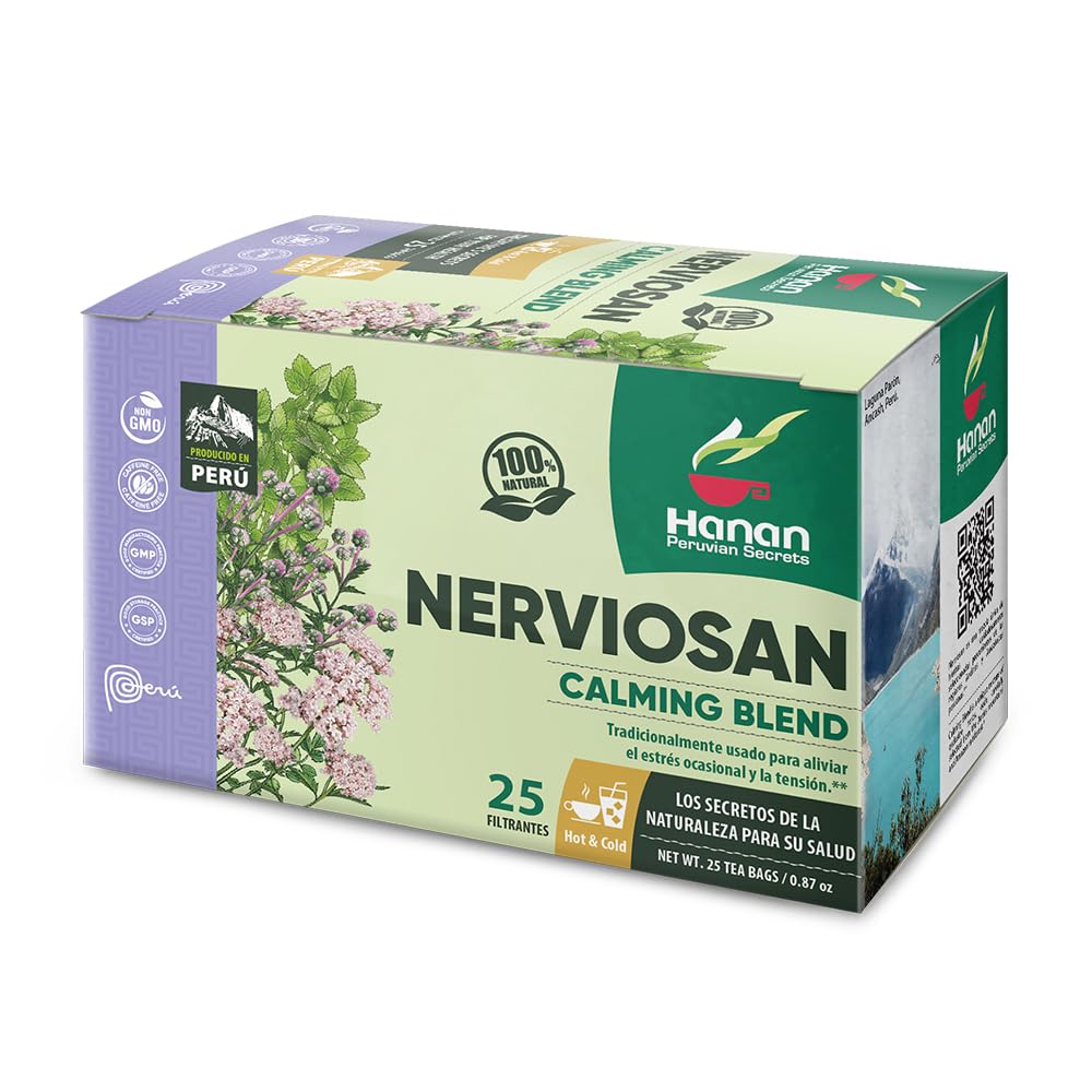 Hanan Peruvian Secrets Nerviosan Herbal Tea | 100% Natural Calming Blend | 25 Tea Bags | Naturally Aids in Relieving Occasional Stress and Tension | Safely Promotes Relaxation