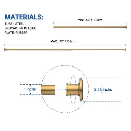 BRIOFOX Industrial Shower Curtain Rod - Rustproof Non-Slip 43-73 Inches Tension Curtain Rod for Window or Bathroom, Light Gold
