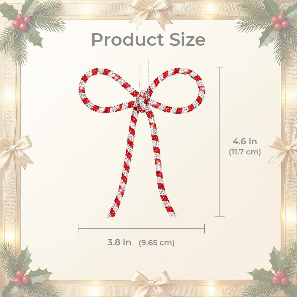 Regine Switzerland 3 Pcs Handmade Rhinestone Christmas Bow Ornaments - Glitter Candy Cane Design | Red & Silver, Small