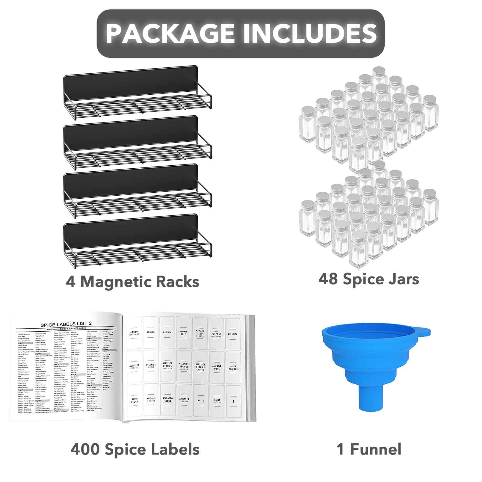 SpaceAid 4 Pack Magnetic Spice Rack with 48 Spice Jars, 400 Spice Labels and Funnel, Space Saving Refrigerator Fridge Oven Shelf Organizer