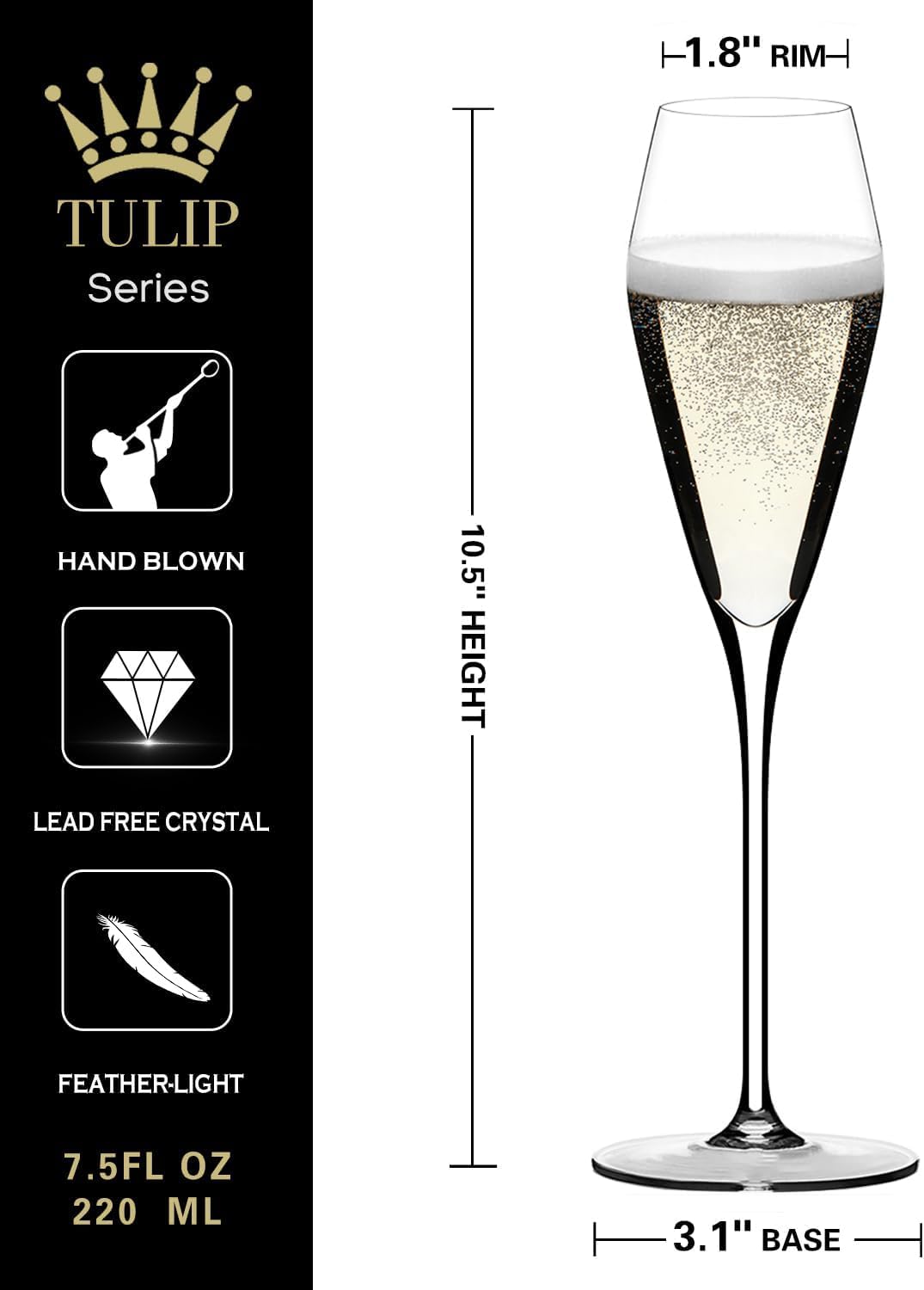 Champagne Flutes Glasses Set of 2, Hand Blown Crystal Wedding Flutes Glass, Ideal for Weddings, Anniversaries, Christmas, Special Days, 10.5 inch, 7.5 oz, Clear