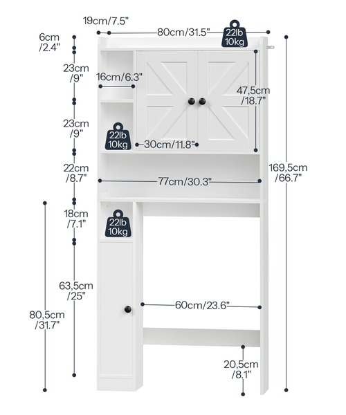 HOOBRO Over The Toilet Storage Cabinet, Farmhouse Over Toilet Bathroom Organizer with Doors and Adjustable Shelves, 31.5" L x 7.5" Wx 66.7" H, Space-Saving for Bathroom, Laundry, White WT80TS01N1