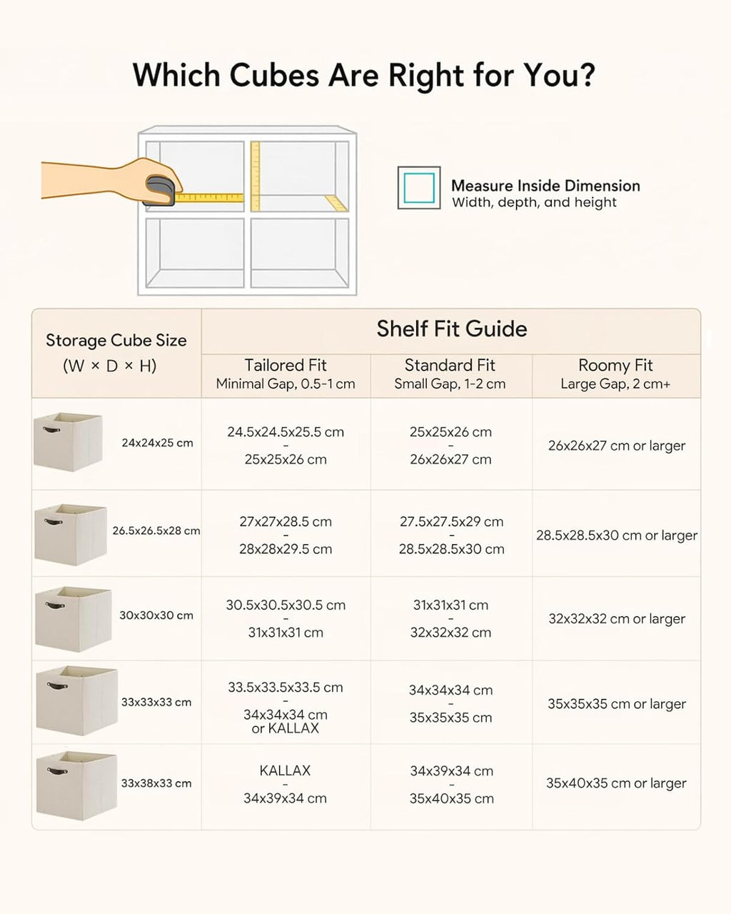 Storage Cube Bins - 6 Pack Fabric Organizer Baskets for Shelves & Closets | Beige 11x11 Inch
