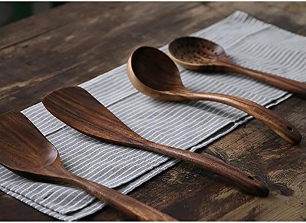 Skiennix Wooden Utensil Set - 4-Piece Luxury Natural Teak Cooking Spoons & Spatulas | Ideal Gift for Home Chefs