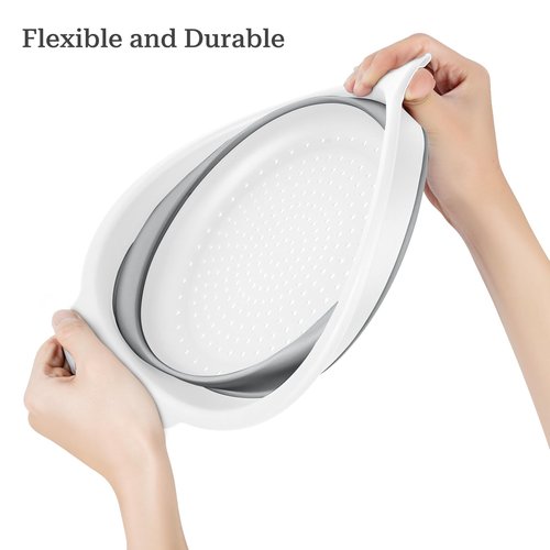Cluren Collapsible Colander 3-Pack Set Space-Saving Foldable Kitchen Strainer with Non-Slip Base Durable Thickened PP+TPE Collapsible Strainers for Pasta, Vegetables, Fruits (Gray-White)
