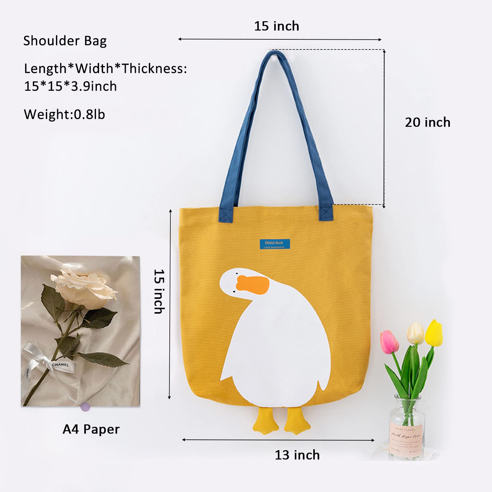 MEETPET Cute Canvas Tote Bag for Women Reusable Cotton Cloth Bag for Lunch Grocery Shopping and Beach with 3D Duck Design (Shoulder Carry Yellow Duck)