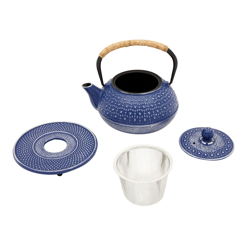Juvale Cast Iron Teapot with Infuser - Blue, 27 oz (800 mL) - Stovetop Tea Kettle for Loose Leaf Tea - Includes Stainless Steel Infuser & Trivet