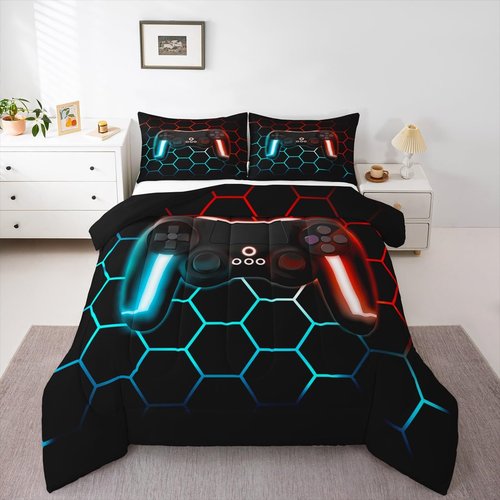 Erosebridal Game Comforter Sets for Boys Gamer Bedding Sets for Boys Queen Lightweight,Teens Modern Gradient Gaming Down Comforter Gamer Home Decor Goemetric Honeycomb Quilted Duvet + 2 Pillowcases
