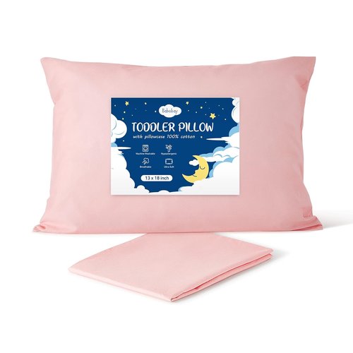 Babebay Toddler Pillow - Soft 13x18 Inch Machine Washable Pillow with Cotton Case | Pink, Ages 2-5
