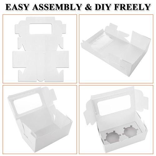 AKOLAFE 100 Set White Cupcake Boxes 2 Cupcake Holder with Lid To Go Cupcake Containers Reusable Cardboard Cupcake Boxes Bulk with Clear Window Cupcake Carrier for Cup Cake Packaging Transport Storage