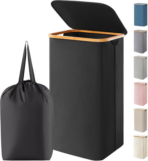 Lifewit 100L Laundry Basket - Foldable Hamper with Lid & Bamboo Handles | Black with Removable Bag