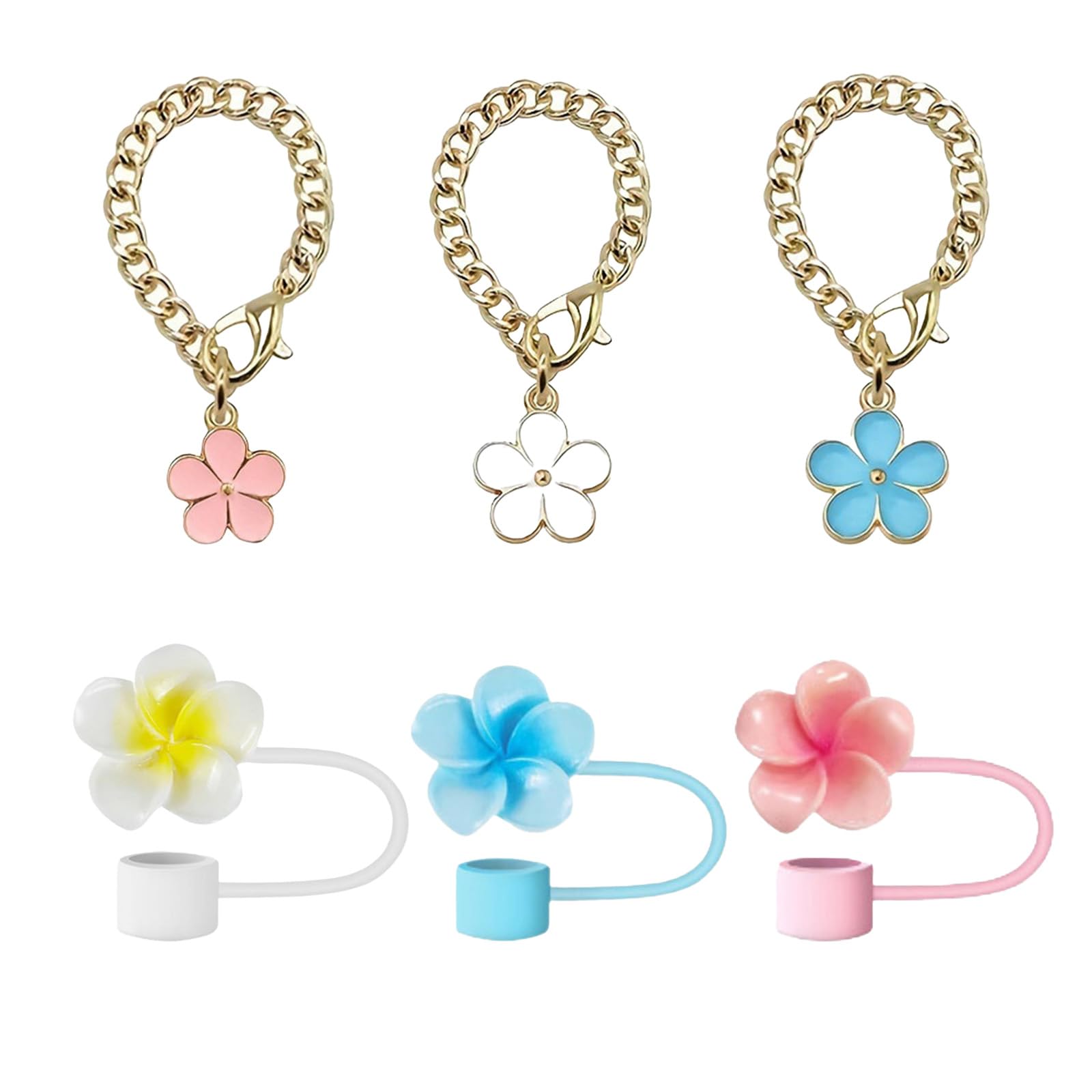 (3+3) Pcs Straw Cover Cap For Owala Tumbler 40 oz, 3Pcs Begonia Flowers Straw Topper Sets for Simple Modern, YETI,10mm/ 0.4in Drinking Straw Tip Covers With 3 Pcs Lovely Flower Charms