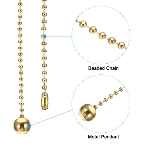 PATIKIL 1M 3.3ft Ceiling Fan Pull Chain, 2 Pcs Beaded Pulls Cord Extender Ball Pendant for Fan Light Chandelier Table Lamp Pulling Switch, Gold Tone