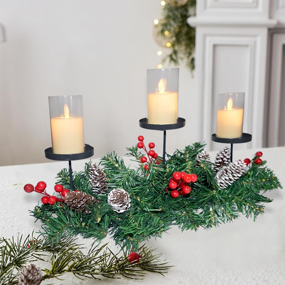 Regine Switzerland Christmas Table Centerpiece - 21.7" Candle Holders with Iron Trays & Red Berries | Holiday Home Decor