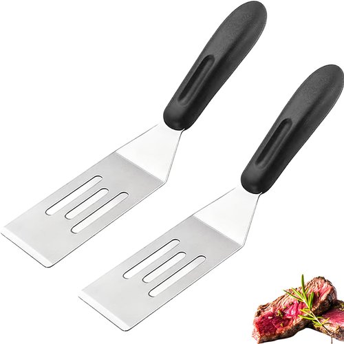 2-Pieces Small Metal Spatula Set, Mini Metal Spatulas for Kitchen Use, Stainless Steel Spatula for Flipping, Serving & Turning Pancakes, Eggs, Brownies, Cookies, Cakes & Desserts (2 PC SLOTTED)