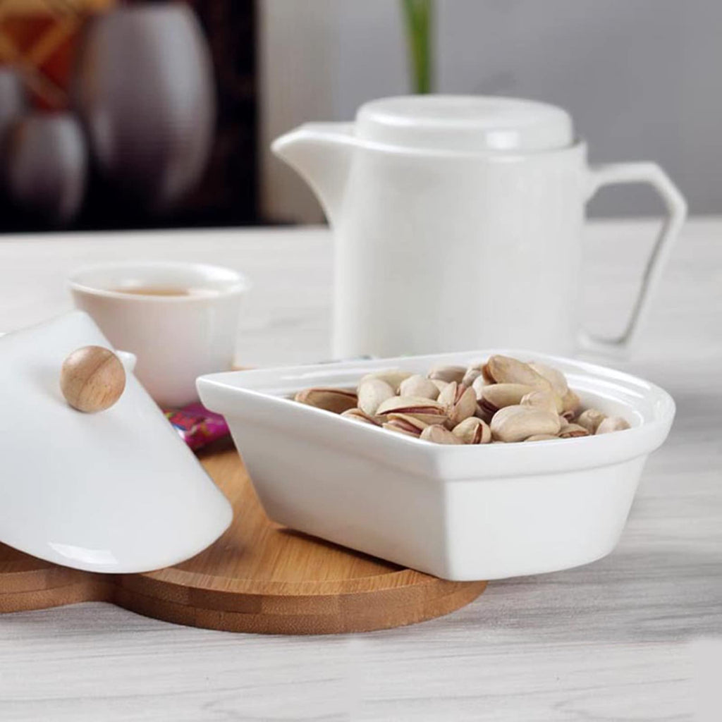 yarlung Ceramic Divided Serving Dishes with Lids and Bamboo Platter, 5 Removable Dipping Bowls Relish Tray Nuts Dishes for Appetizer, Chips, Fruits, Candy, Condiment