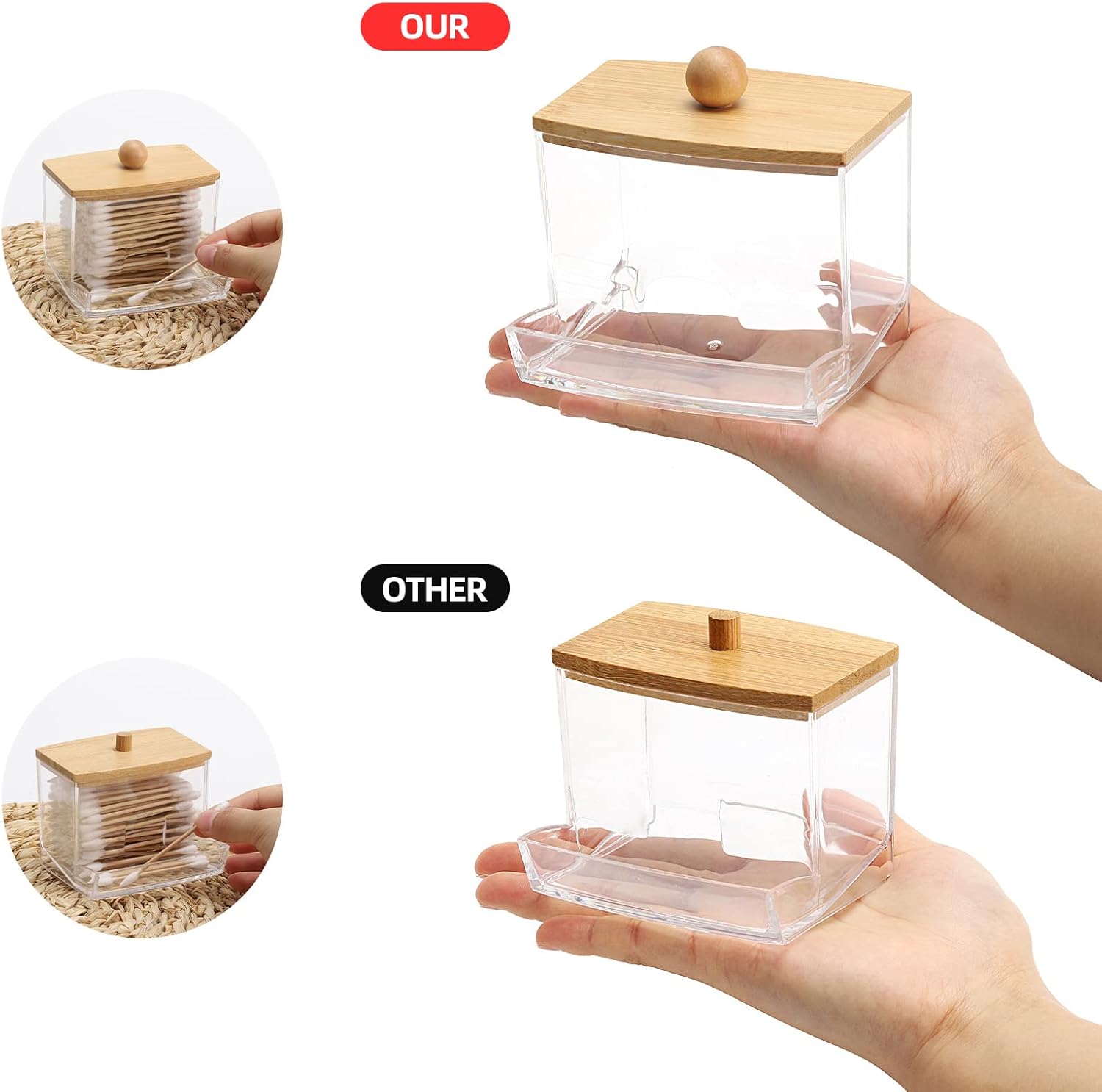 Tbestmax Qtip Holder Dispenser - 10oz Clear Bathroom Organizer with Bamboo Lids for Cotton Swabs & Accessories