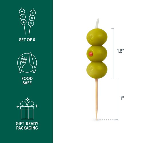 Genuine Fred Cocktail Party Olive Birthday Candles – Set of 6 Martini Olive Celebration Candles with Wooden Picks – Fun Decoration for Parties, Birthdays, and Happy Hour