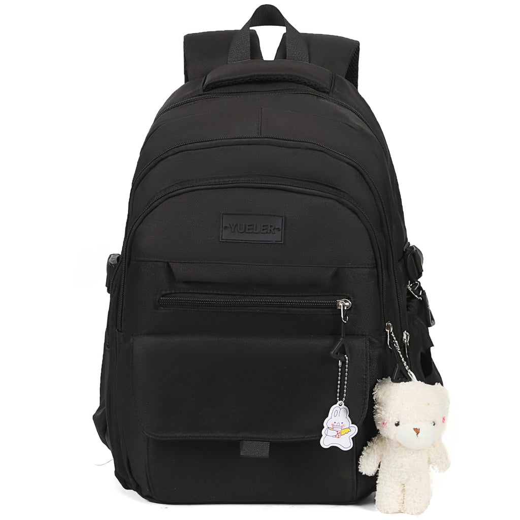 PRLINJSK Girls Backpack for College High Middle School Student, Cute Aesthetic Bookbag for Teens Women with Accessories,Black