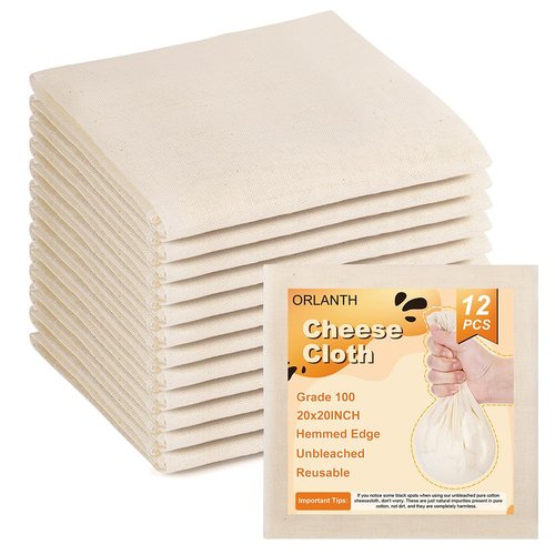[12 PCS] Reusable Cheese Cloths, 20x20 Inch, 100 Percent Unbleached pure Cotton Cheese Cloth for Straining, 100 Grade Cheesecloth Hemmed Edges for Cooking, Baking, Juicing