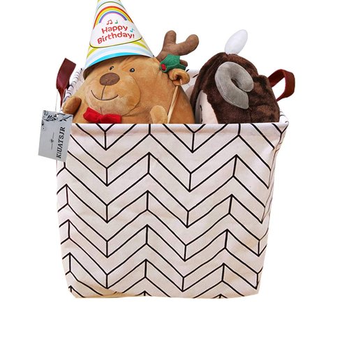 Square Canvas Toy Storage Bins Basket with Handle Collapsible Toy Organizer for Nursery Storage, Kid's Toy & Laundry, Gift Baskets(White-Geometric)
