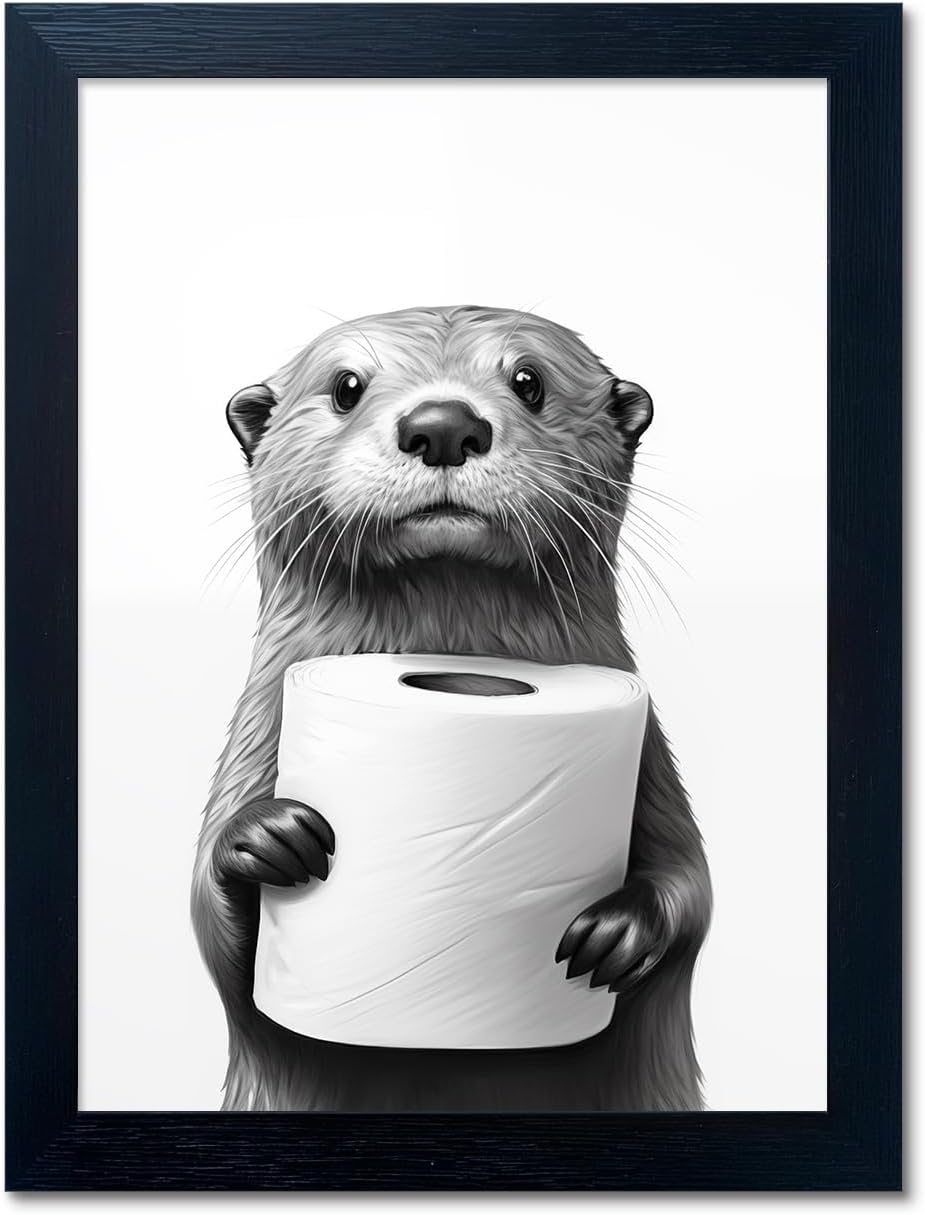 Raccoon Art | Funny Black and White Bathroom Wall Decor | Framed Animal Painting