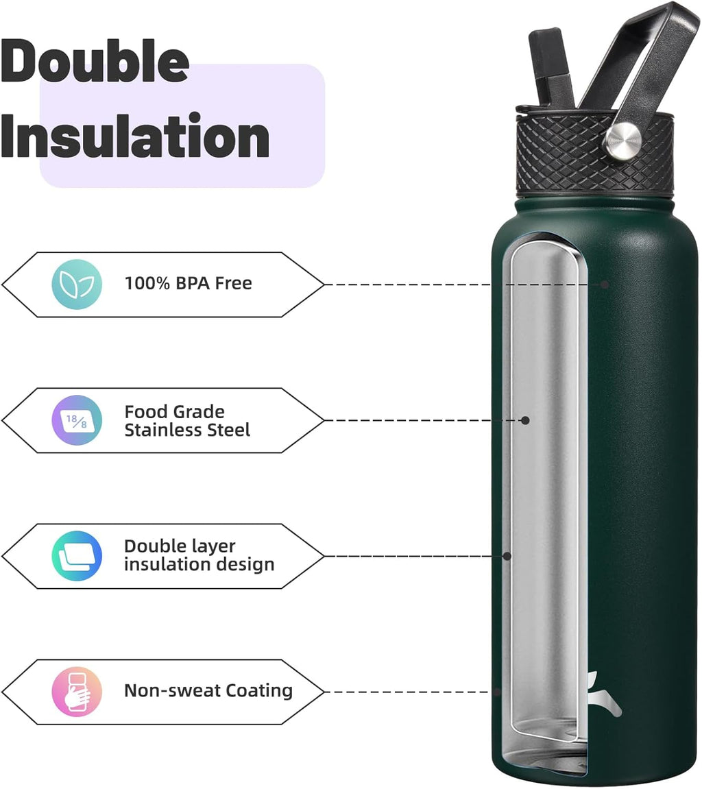 Skiennix 40oz Insulated Water Bottle - Durable Stainless Steel | 3 Lids, Army Green Color