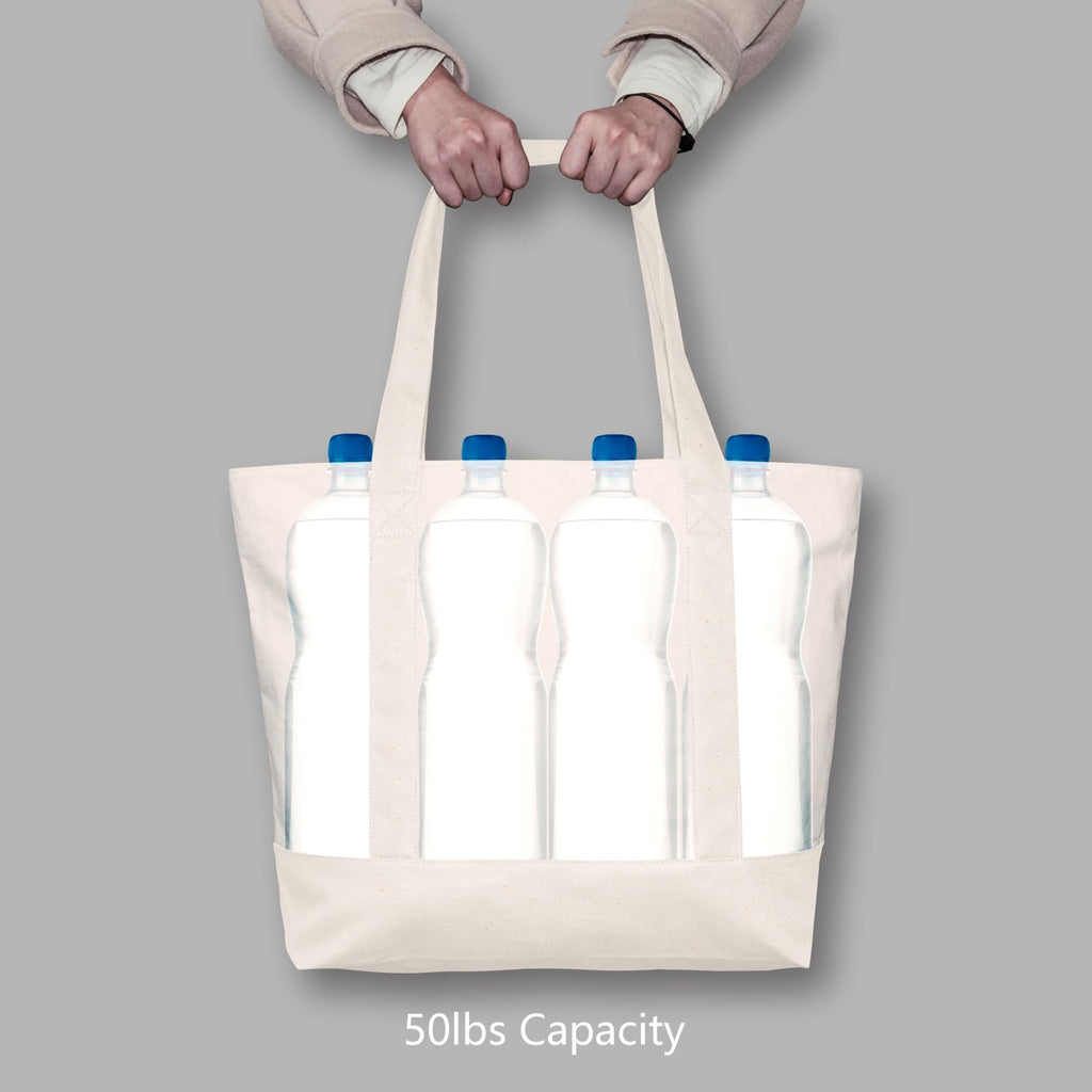 TOPDesign 6-Pack Canvas Tote Bags with an External Pocket, Reusable Grocery Shopping Bags, Top Zipper Closure, Daily Essentials (Natural)