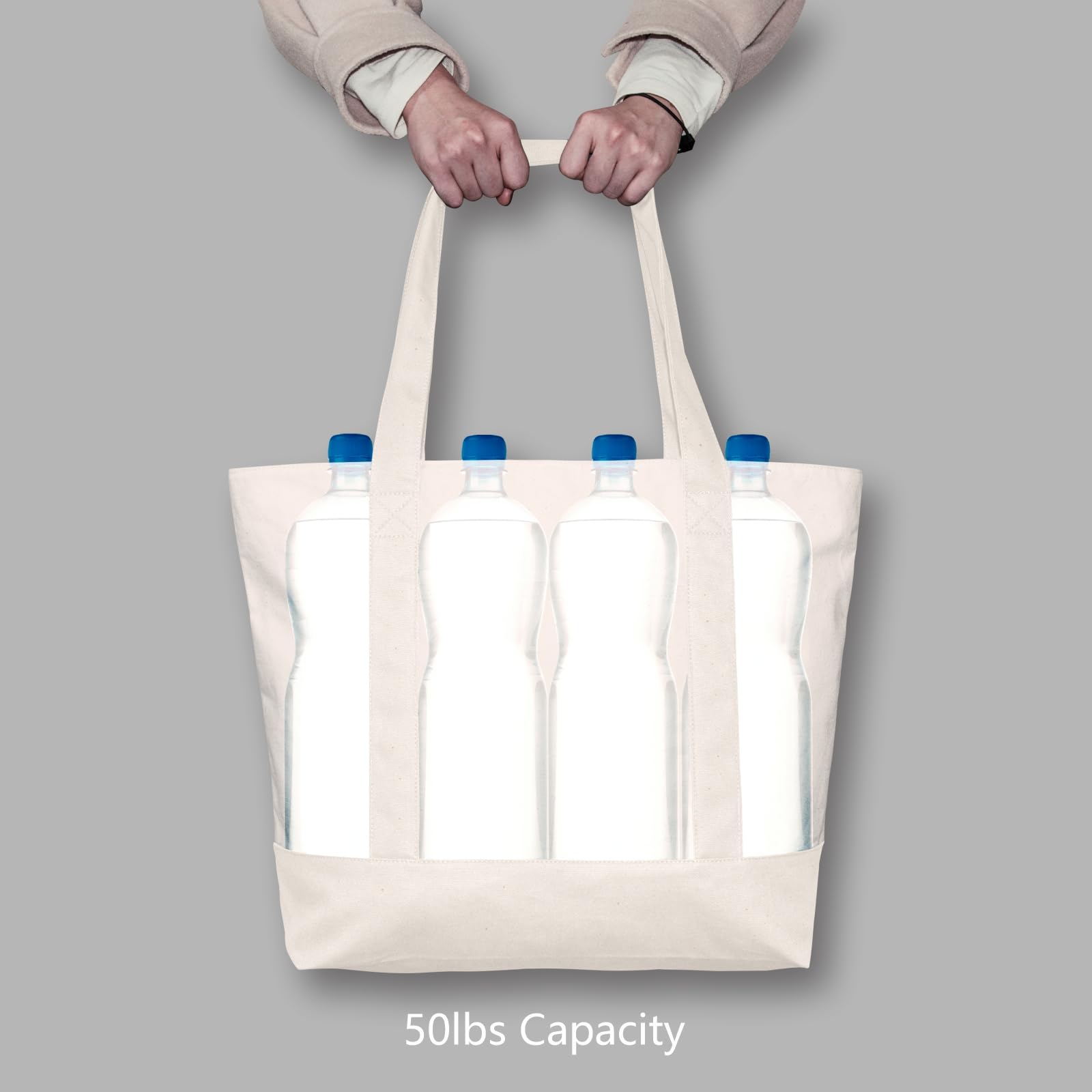 TOPDesign 6-Pack Canvas Tote Bags with an External Pocket, Reusable Grocery Shopping Bags, Top Zipper Closure, Daily Essentials (Natural)