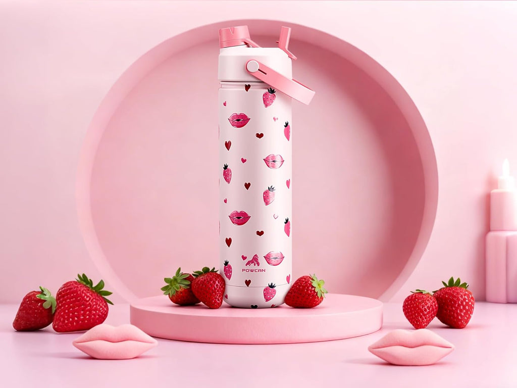 POWCAN 26 oz Insulated Water Bottle - 2-in-1 Straw & Spout Lid, Leak-Proof, Fits Car Cup Holder | Kiss Me Berry