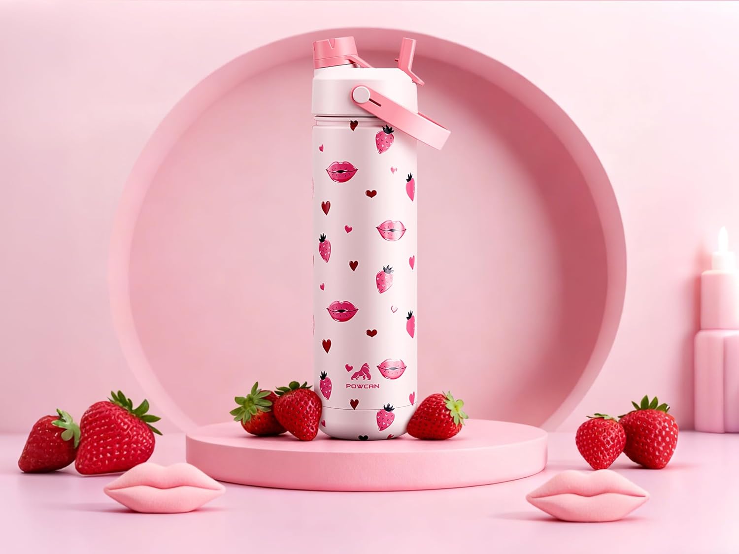 POWCAN 26 oz Insulated Water Bottle - 2-in-1 Straw & Spout Lid, Leak-Proof, Fits Car Cup Holder | Kiss Me Berry