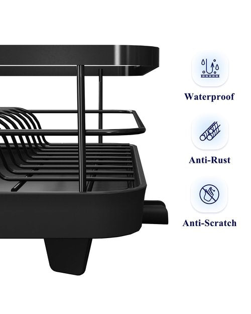 Kitsure Dish Drying Rack - Compact Dish Rack with Utensil Holder & Adjustable Water Outlet, Rust-Proof & Scratch-Resistant Drying Rack for Kitchen, 14.5" x 12.0" x 4.0", Black