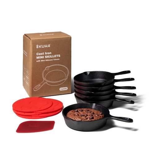 KUHA Mini Cast Iron Skillets 4' (Pack of 6) - Black Non Stick Frying Pans with 6 Small Silicone Trivets and Scraper - Set of Miniature Skillets, Small Frying Pan Skillet with Lid