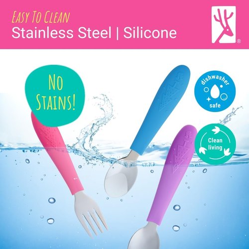 Elk and Friends Kids Silverware Set - Safe Silicone Handle Toddler Utensils | 6-Piece Stainless Steel Cutlery