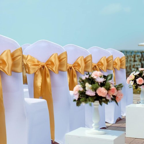 Babenest Satin Chair Sashes - Upgraded 10 Pcs Chair Ribbons & Bows for Weddings & Events | Gold