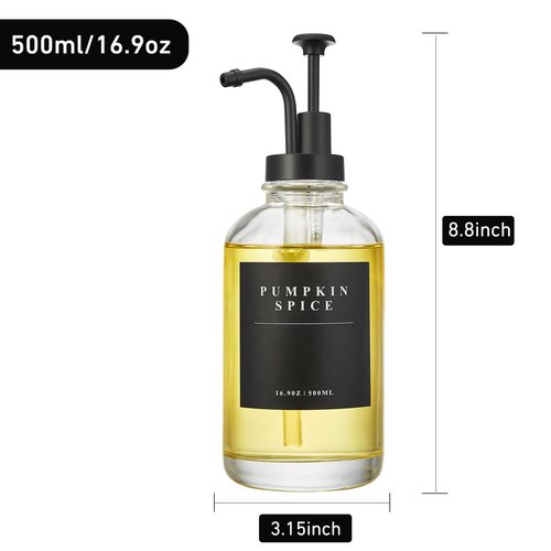 Coffee Syrup Dispenser for Coffee Bar, Coffee Syrup Pump Dispenser, Glass Syrup Bottle with Black Upgraded Pump, 2 Pack 16.9 oz 500 ml Syrup Dispensers, 28 Labels and Bamboo Tray
