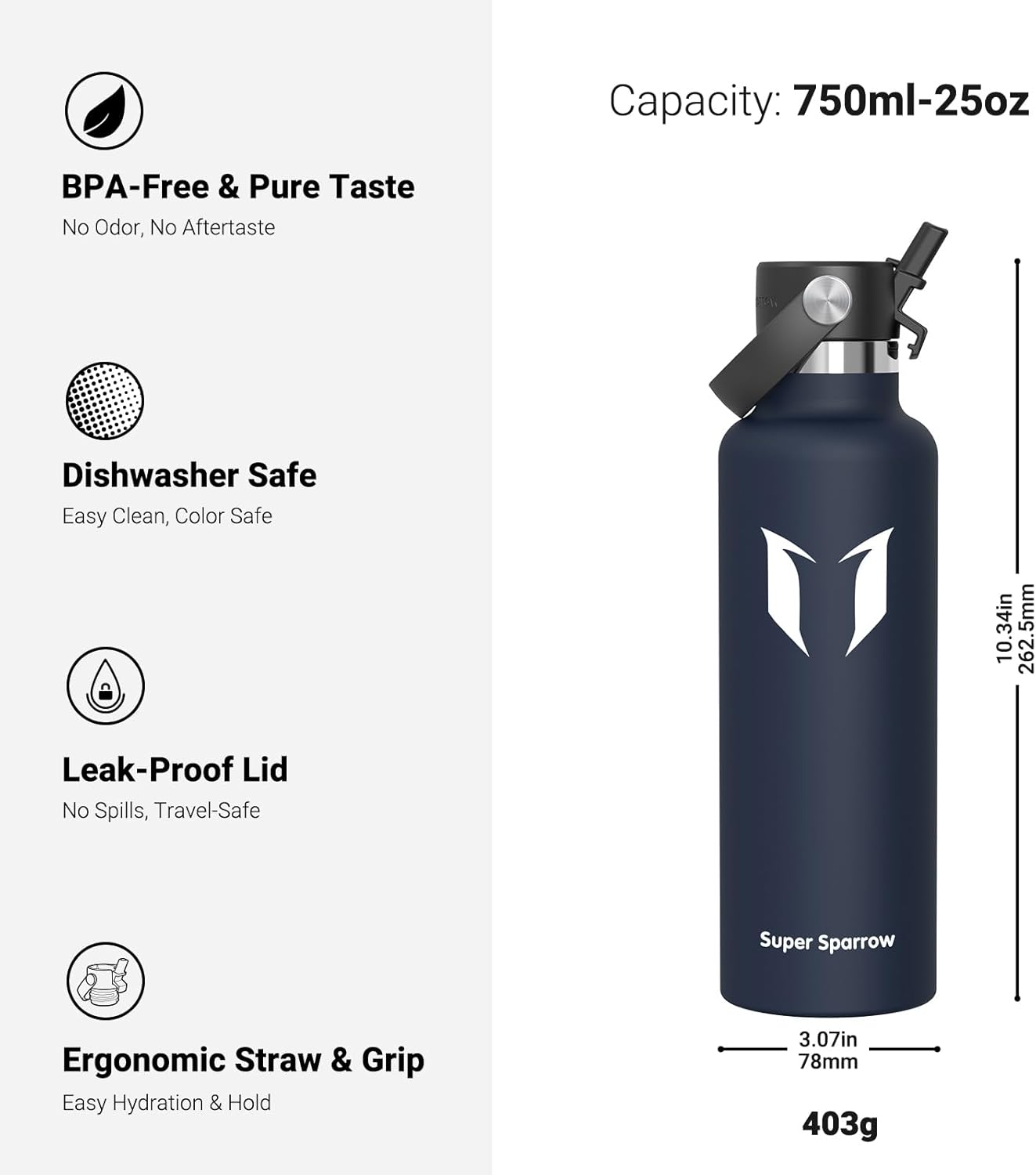 Super Sparrow Insulated Water Bottle - BPA Free, Leak Proof | Ergonomic FlipFlow Flask in 17 Oz, 25 Oz, 34 Oz