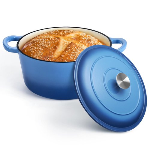 P&P CHEF 7QT Enameled Dutch Oven, Cast Iron Dutch Oven Pot with Lid for Bread Baking, Enameled Casserole Pot for Roasting Braising Stewing Frying Simmering, Various Stoves & Easy Clean, Blue