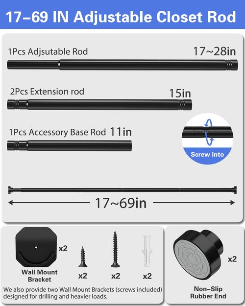 Supforce No Drilling Closet Rods for Hanging Clothes, Non Slip Tension Rod with Heavy Duty Clothes Hanging Rod, 17-69 Inches Adjustable Spring Closet Rod for Closet Wardrobe Bathroom Laundry RV, Black