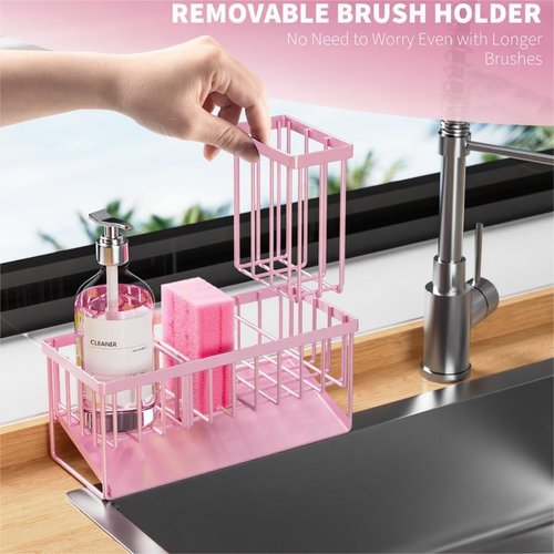 Cisily Kitchen Sink Caddy Organizer - Rustproof Stainless Steel with Brush & Sponge Holder | Pink